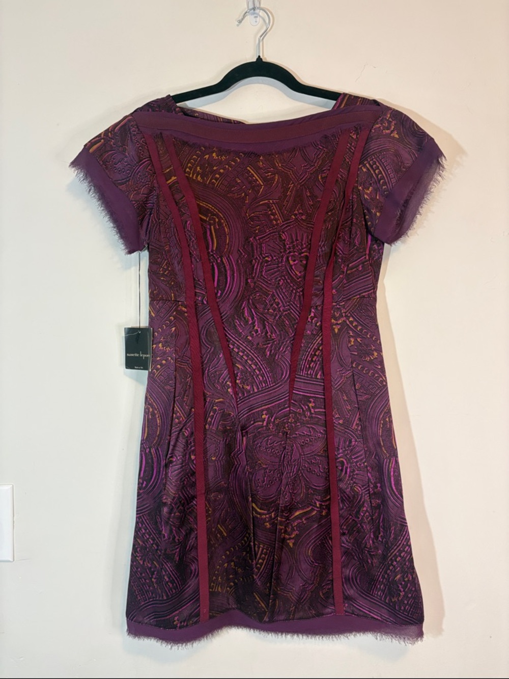 NWT Nanette Lepore Silk Mini Dress Purple Print Ribbon Detail Fringe Trim Whimsy